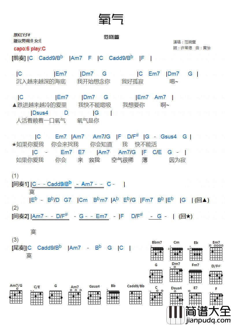 氧气吉他谱_范晓萱__氧气_C调弹唱谱_高清图片谱