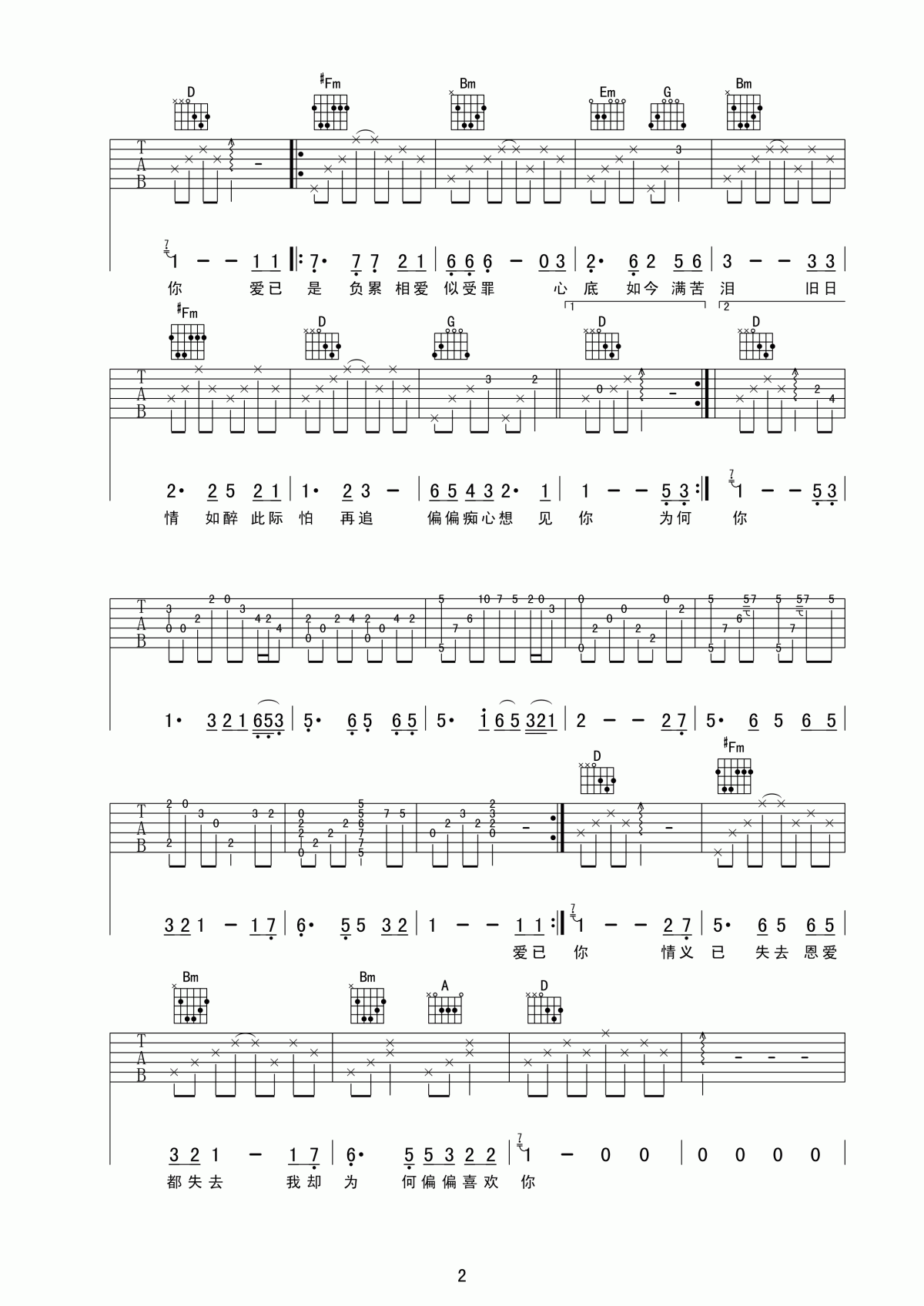 偏偏喜欢你吉他谱_秋若弹唱版__陈百强