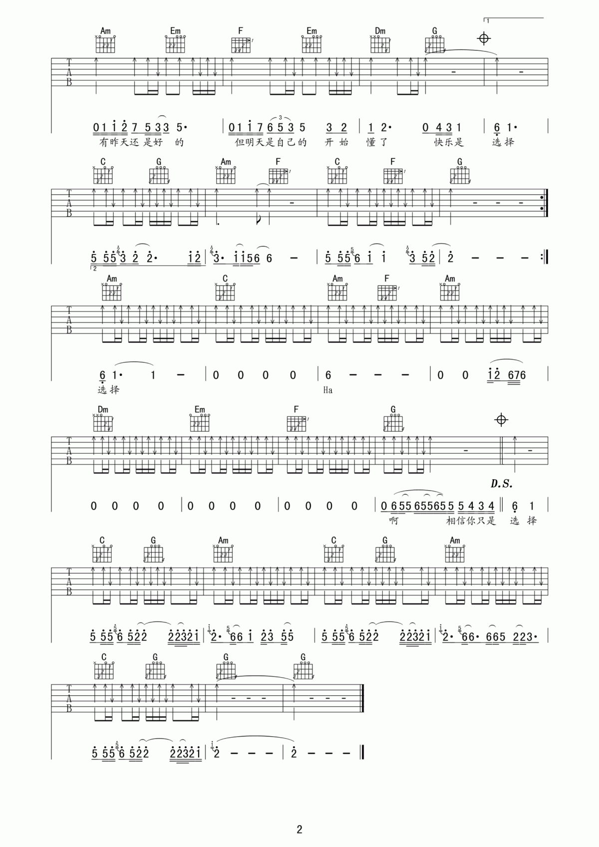 开始懂了吉他谱C调_孙燕姿