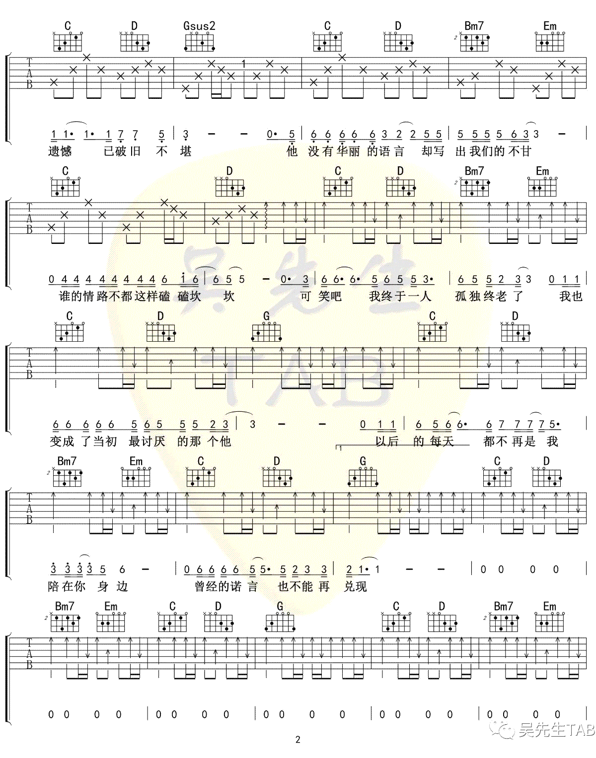 遗憾吉他谱_王佳杨_G调简单版_吉他弹唱谱