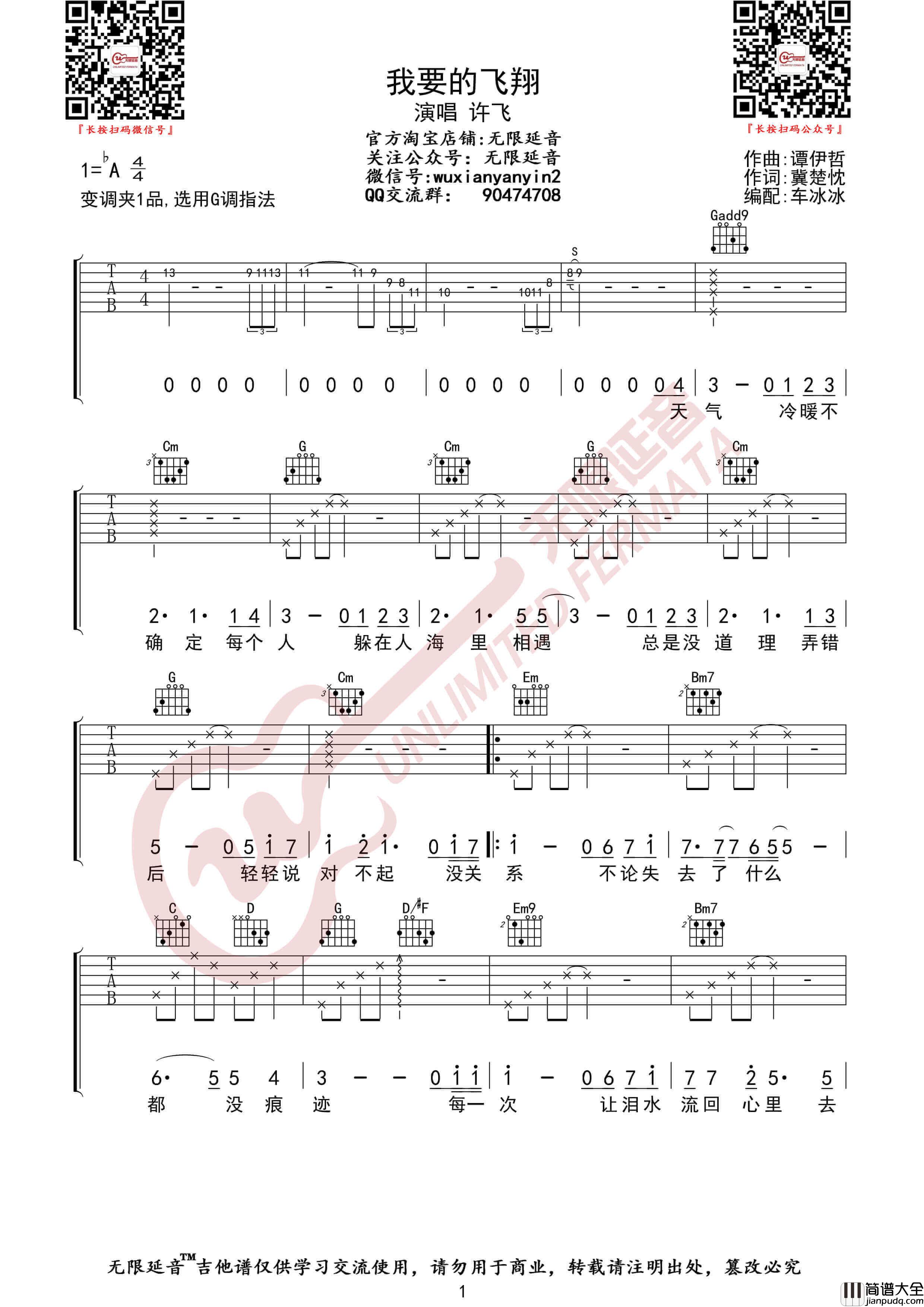 我要的飞翔吉他谱_许飞_G调弹唱指法六线谱_无限延音