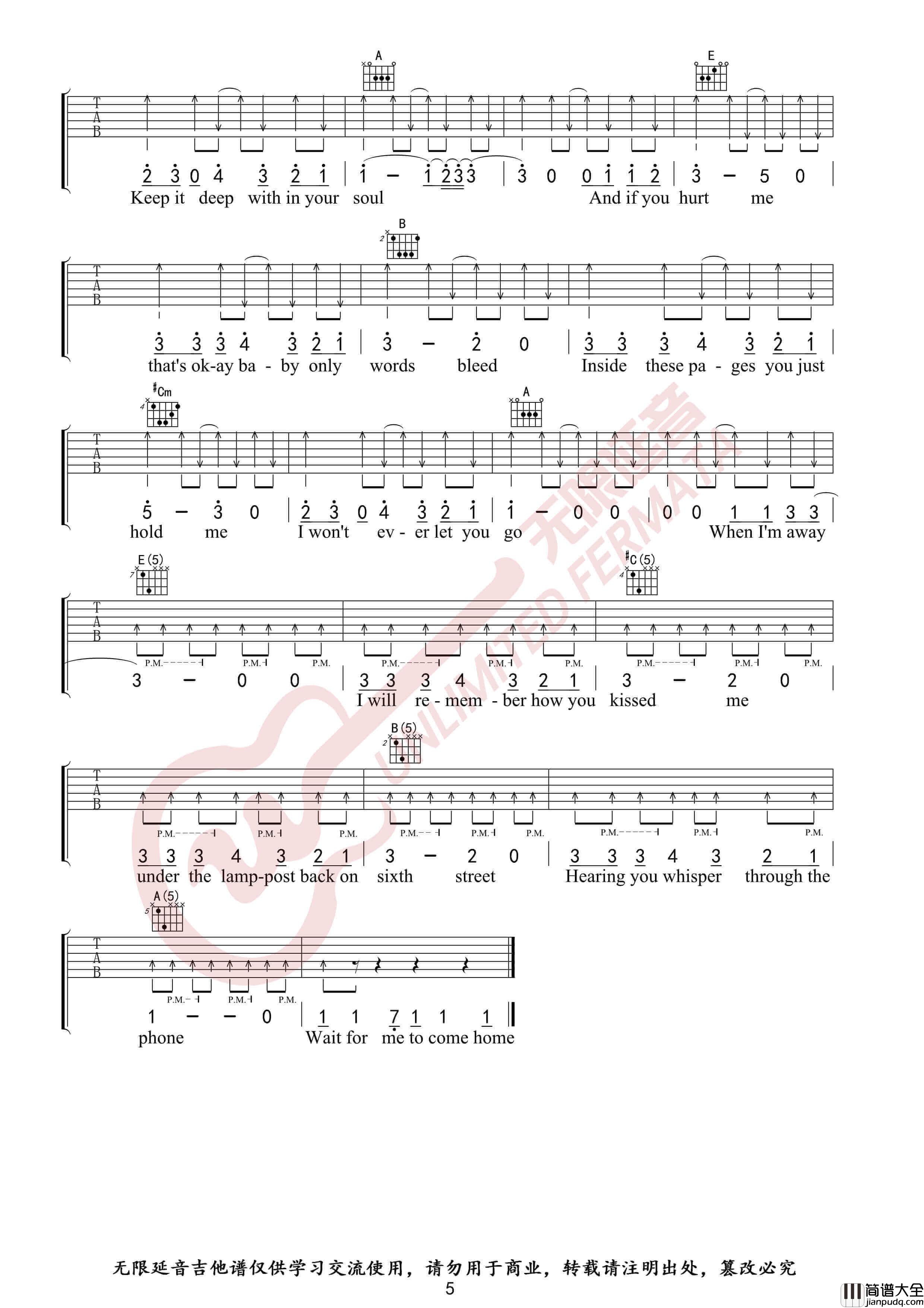 Photograph吉他谱_Ed_Sheeran_原版E调六线谱_无限延音