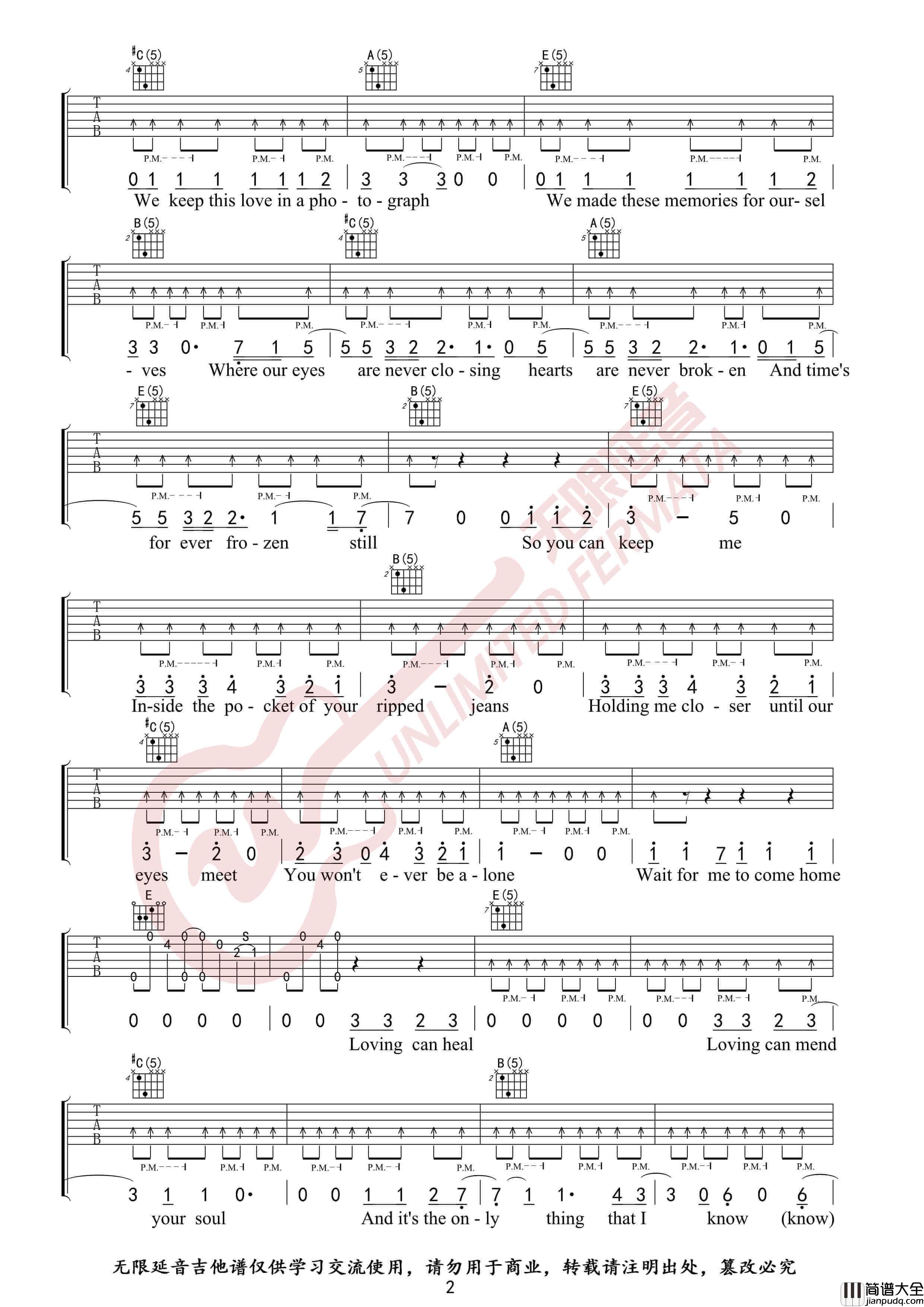 Photograph吉他谱_Ed_Sheeran_原版E调六线谱_无限延音