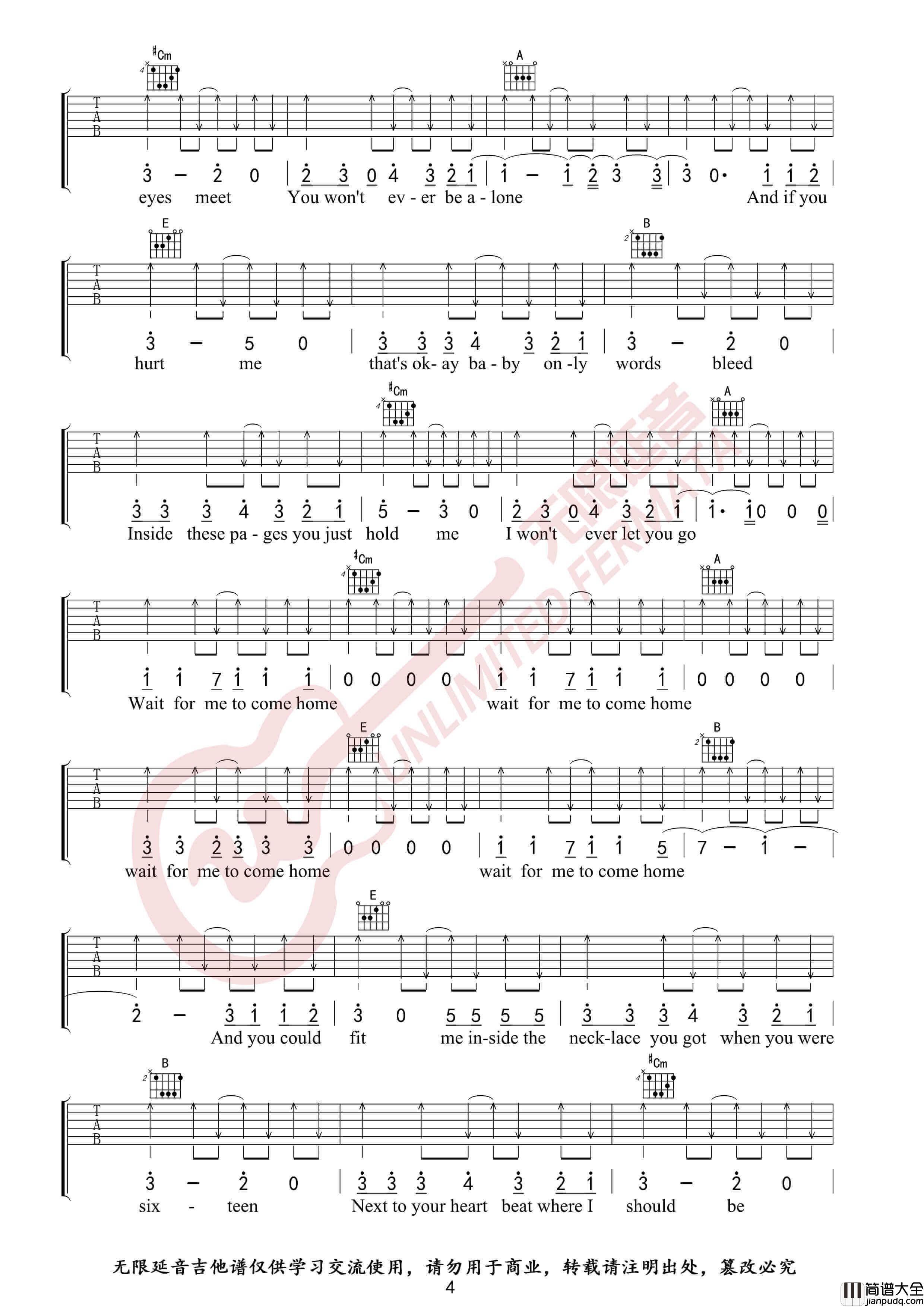 Photograph吉他谱_Ed_Sheeran_原版E调六线谱_无限延音