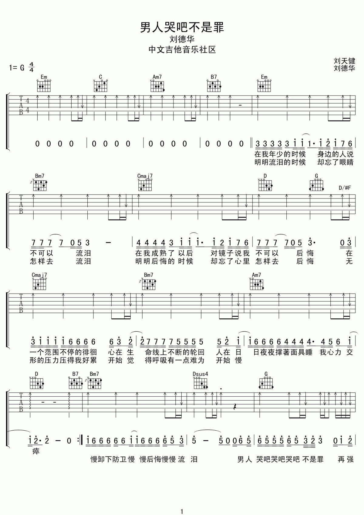 男人哭吧不是罪吉他谱__刘德华