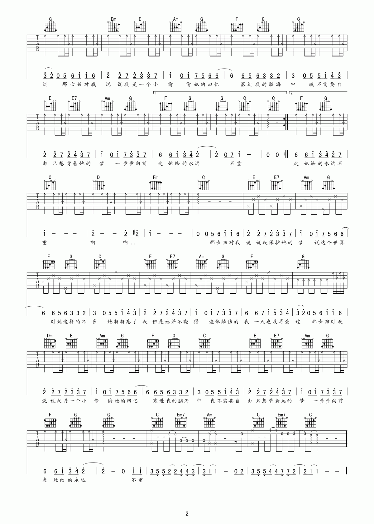 黄义达_那女孩对我说吉他谱_C调