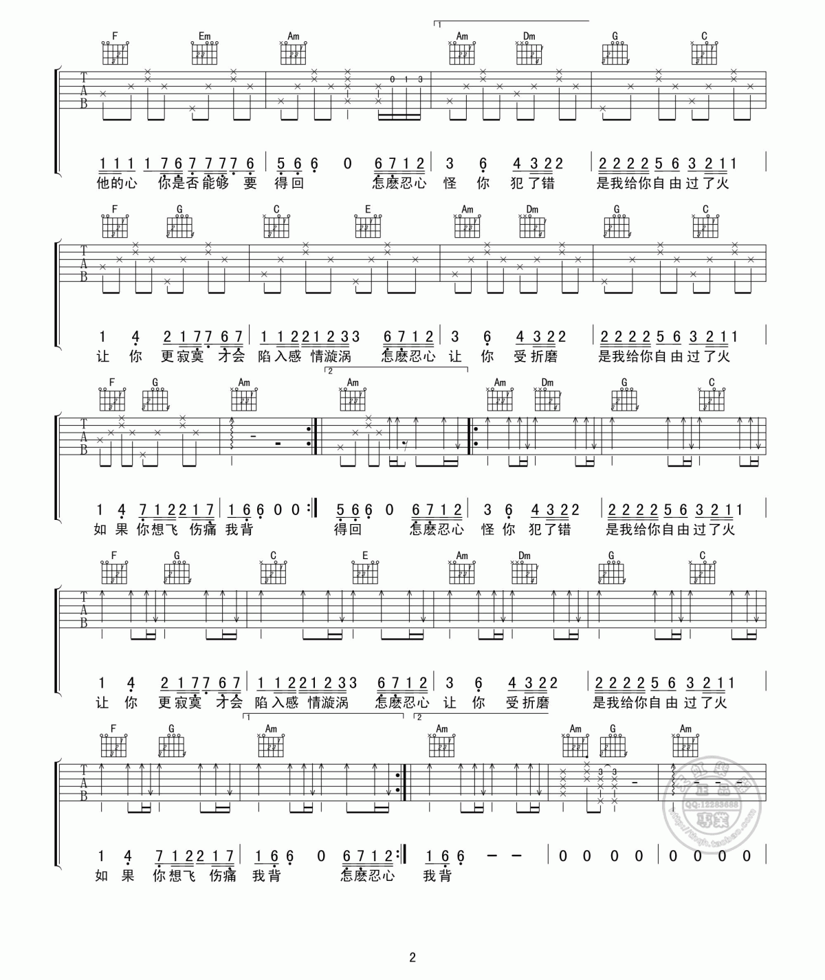 过火吉他谱_C调_张信哲