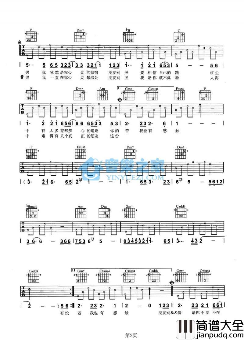 朋友别哭_吉他谱_F调版_吕方