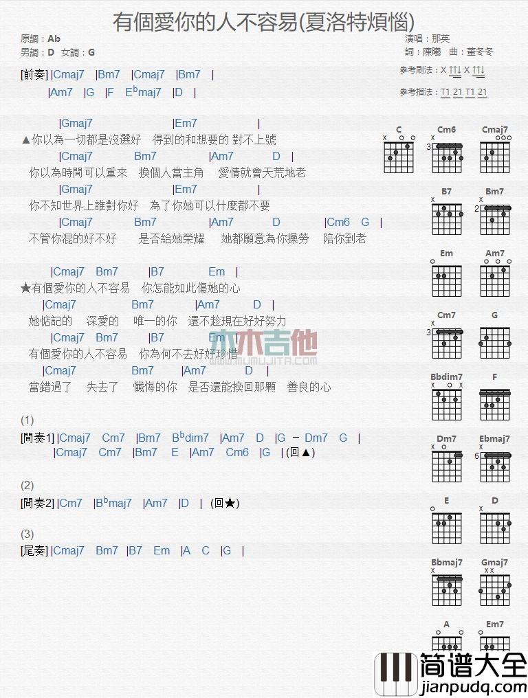 有个爱你的人不容易_吉他谱_那英