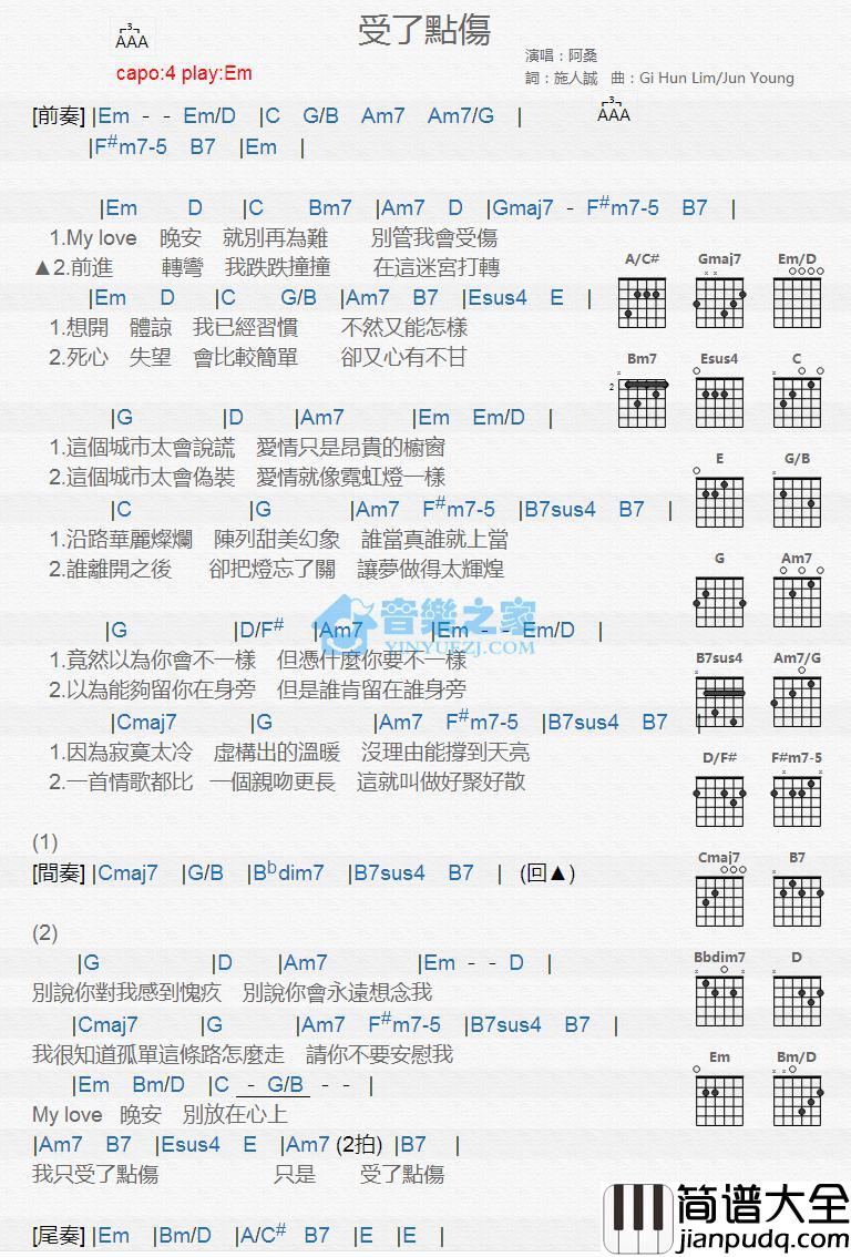 受了点伤吉他谱_Em调版_阿桑