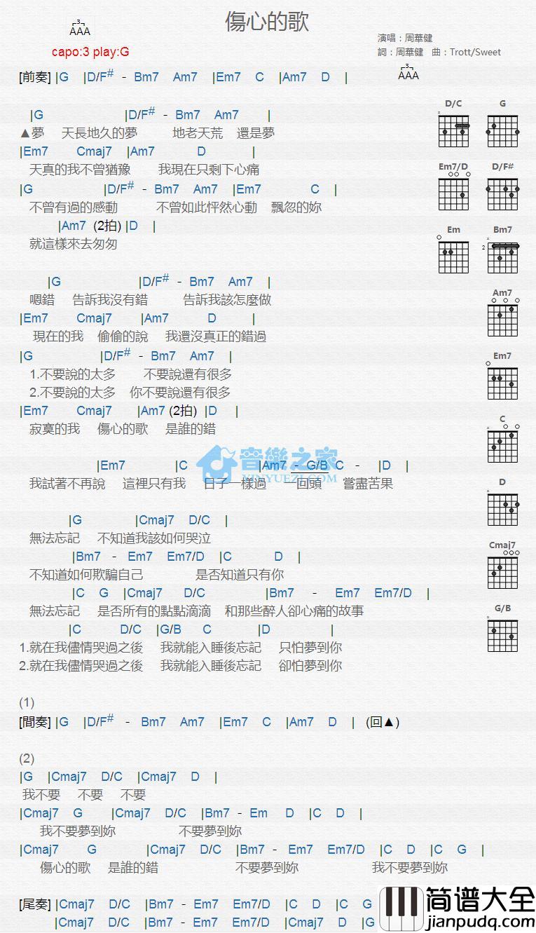 伤心的歌吉他谱_G调版_周华健