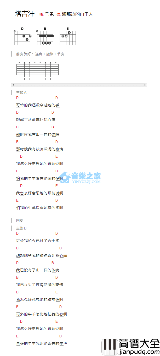 塔吉汗_吉他谱_马条