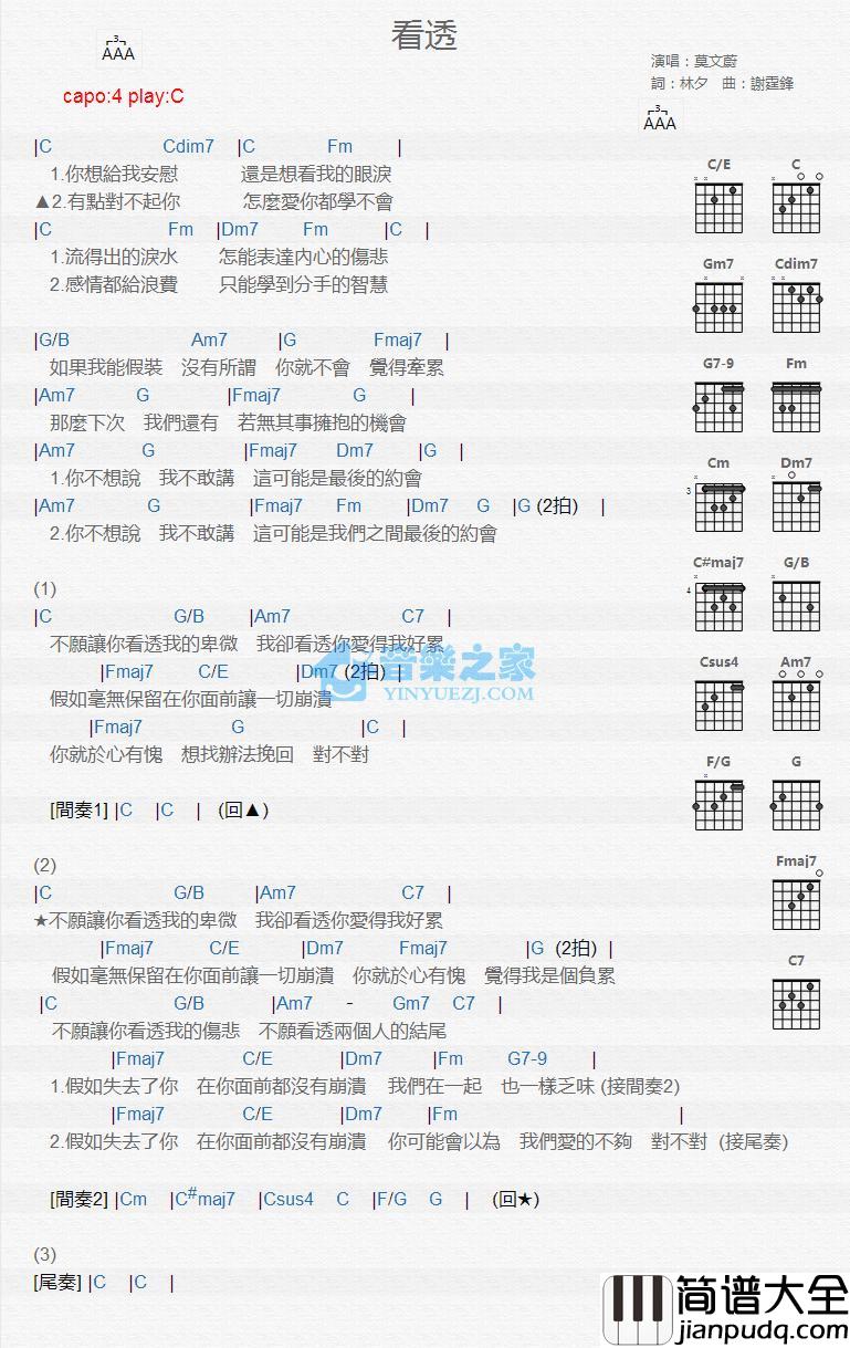 看透吉他谱_C调版_莫文蔚