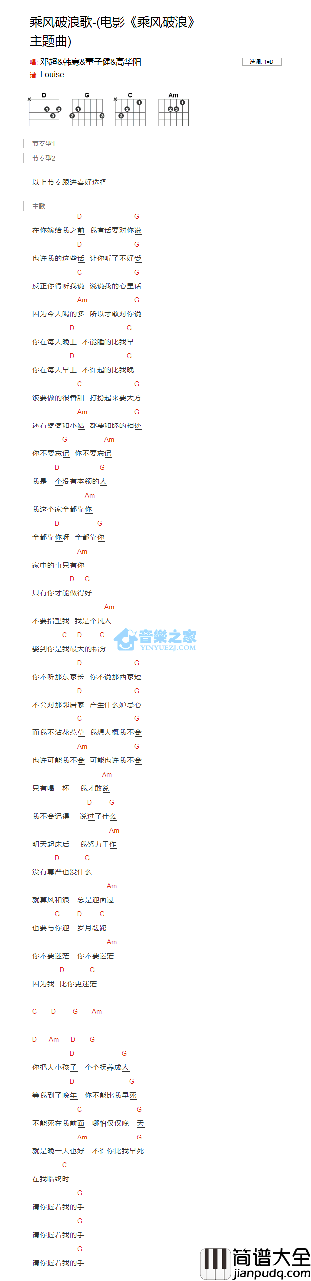 乘风破浪歌_吉他谱_D调版_乘风破浪主题曲