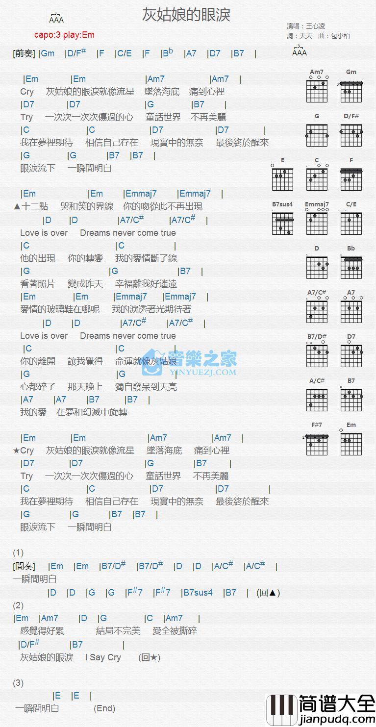 灰姑娘的眼泪吉他谱_Em调版_王心凌