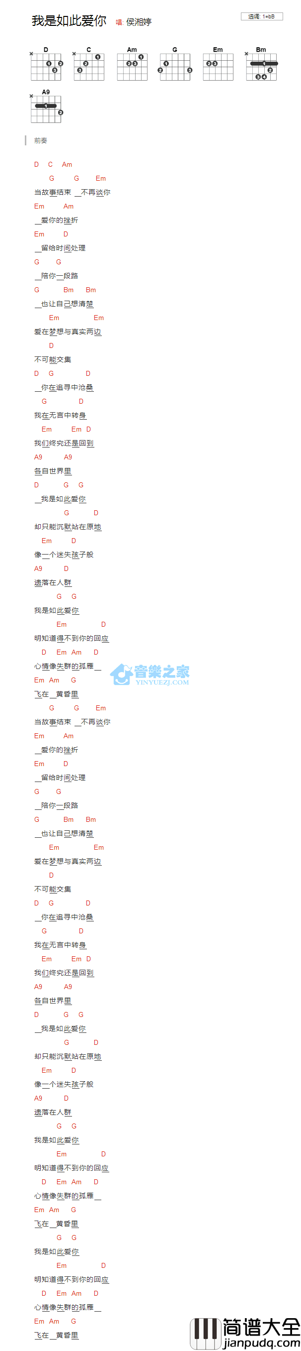 我是如此爱你_吉他谱_bB调版_侯湘婷