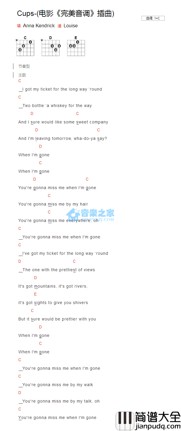 Cups_吉他谱_C调版_Anna_Kendrick
