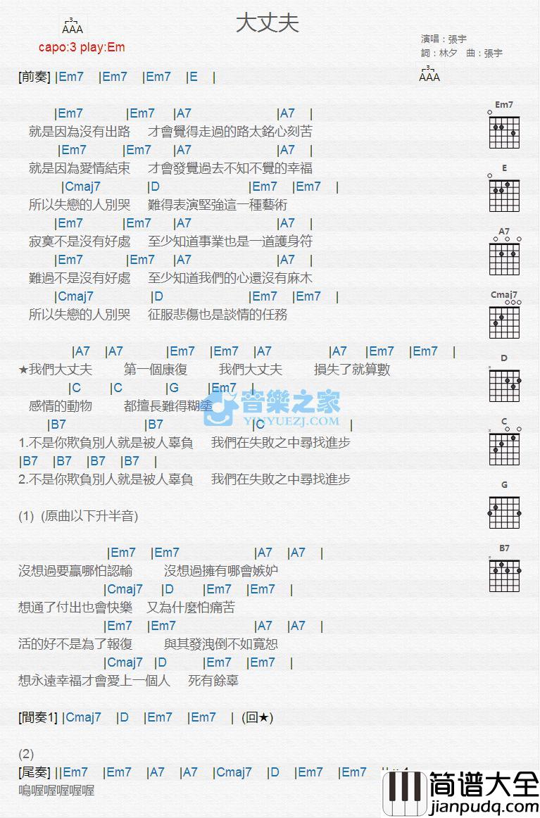 大丈夫吉他谱_Em调版_张宇