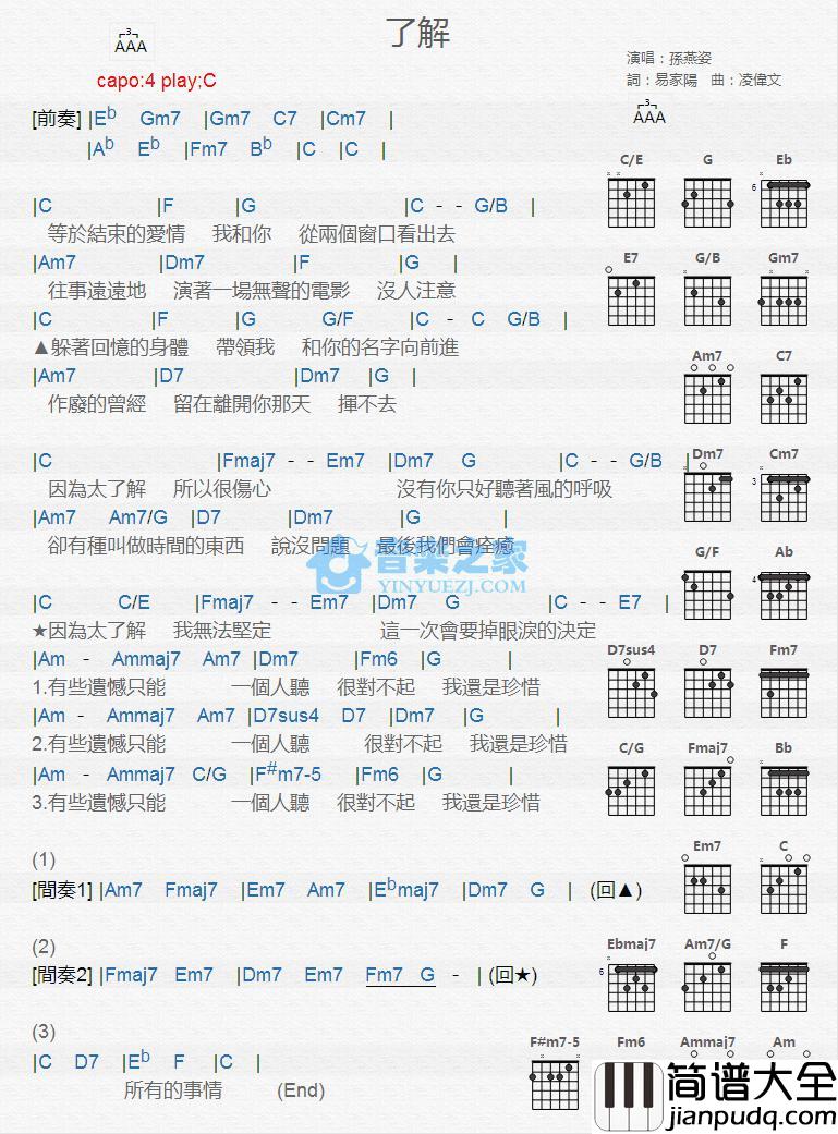 了解吉他谱_C调版_孙燕姿