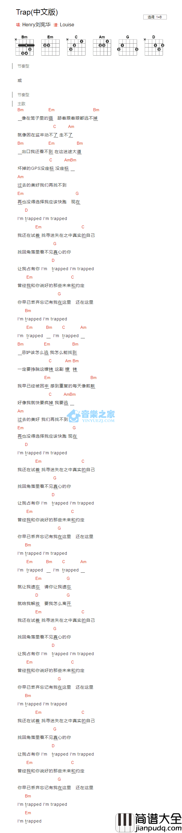 Trap_吉他谱_B调中文版_刘宪华