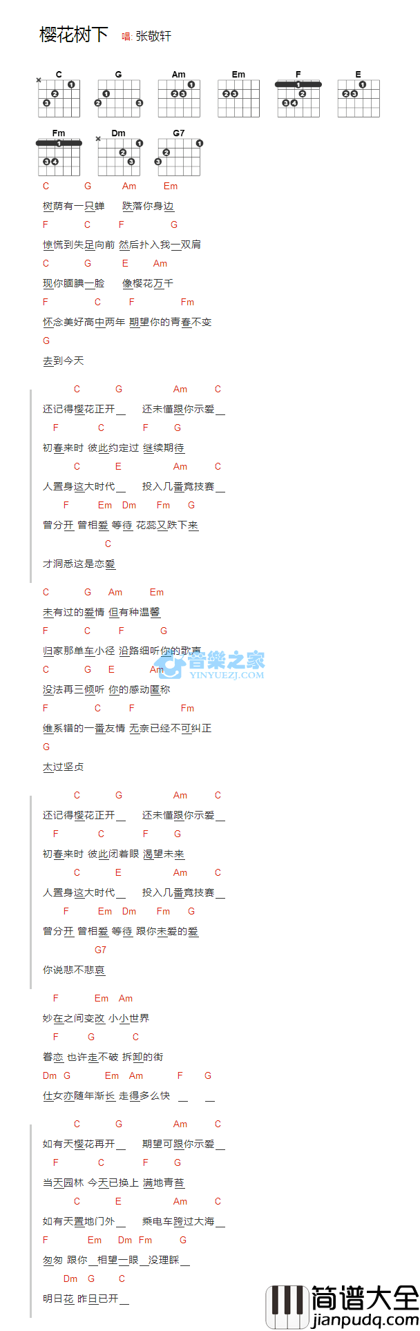 樱花树下_吉他谱_张敬轩