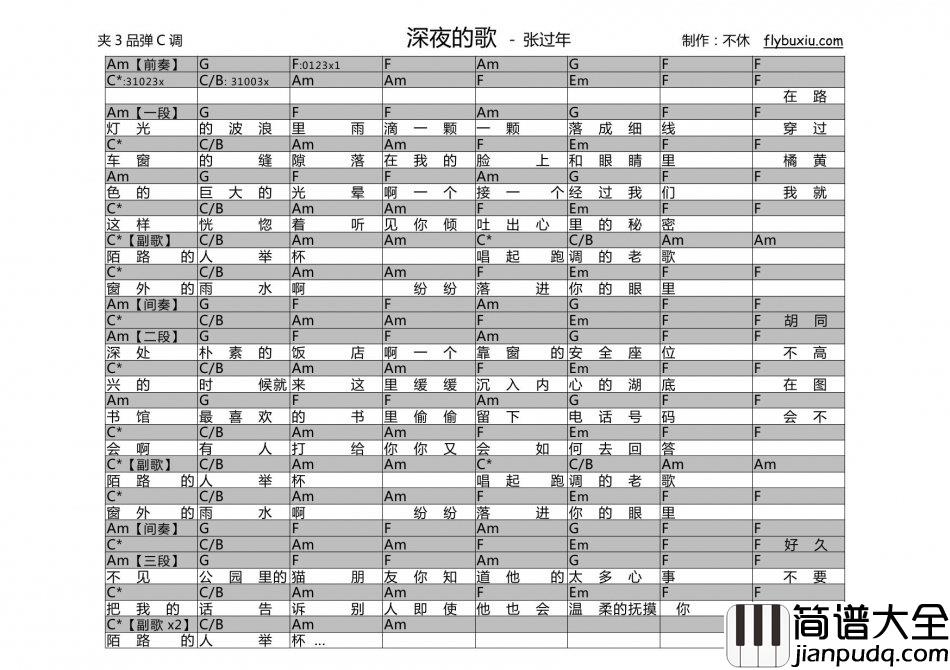 深夜的歌_吉他谱_C调版_张过年
