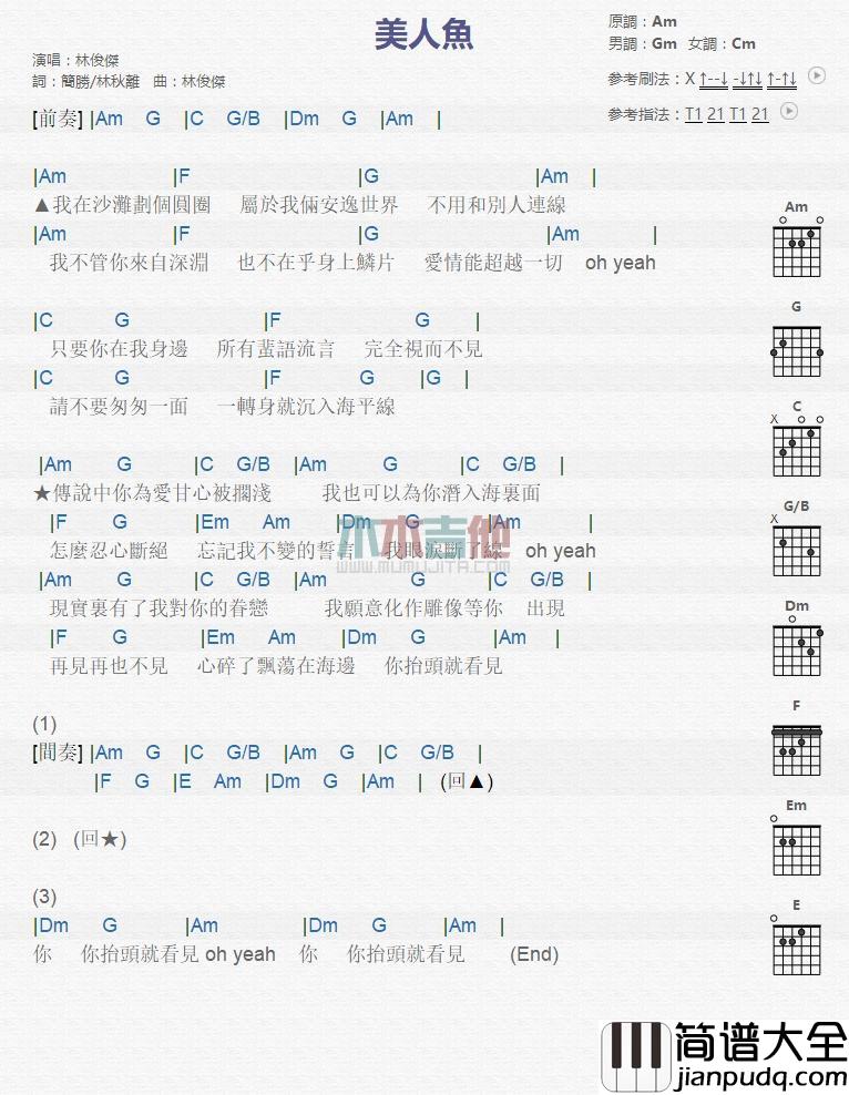 美人鱼_吉他谱_林俊杰