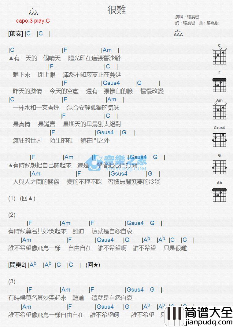 很难吉他谱_C调版_张震岳