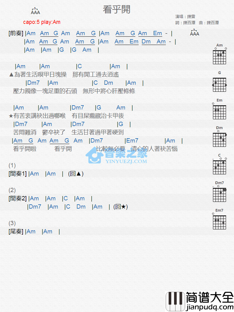 看乎开吉他谱_Am调版_陈雷