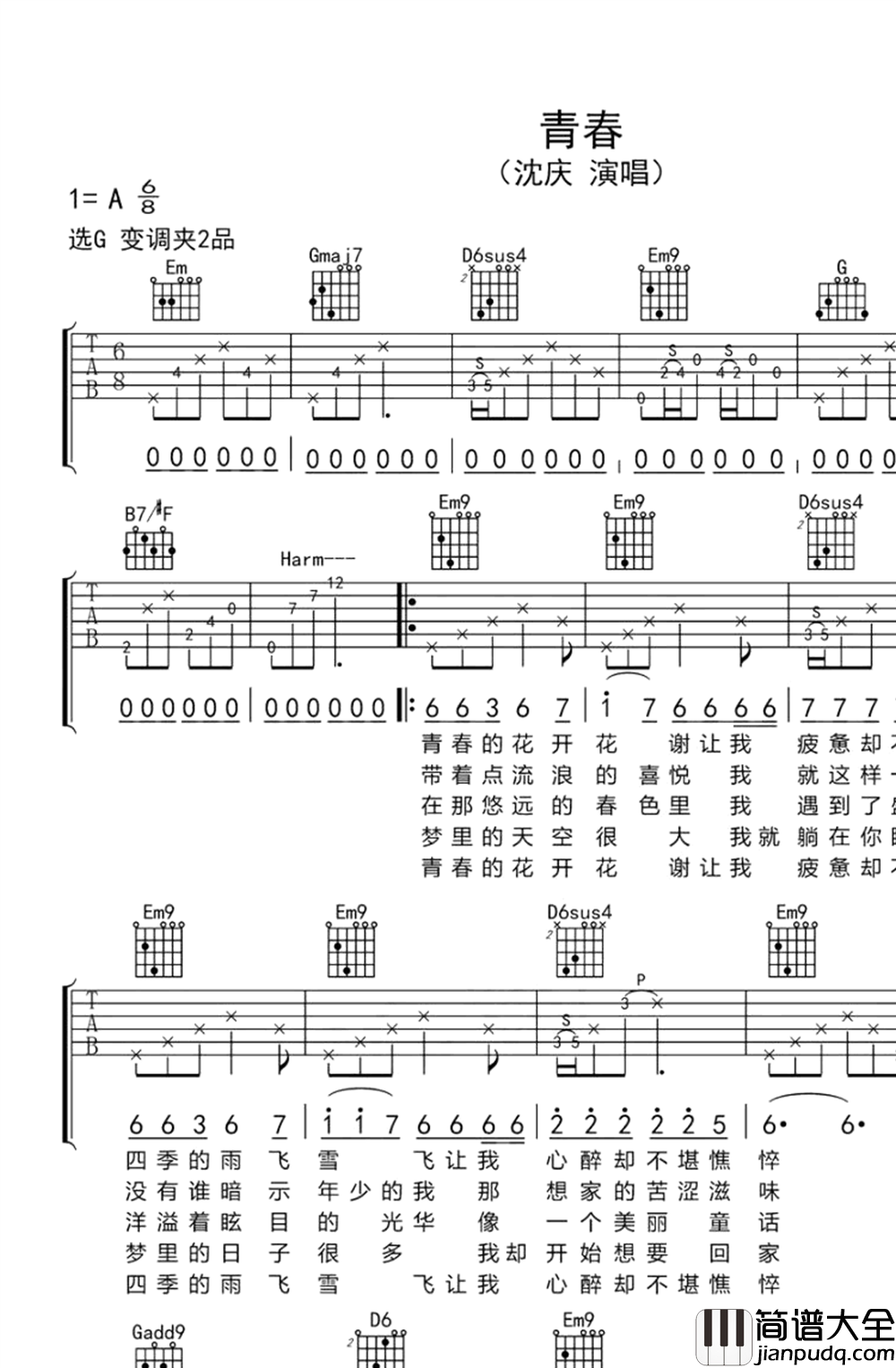 青春吉他谱_沈庆_G调弹唱谱_木吉他版本
