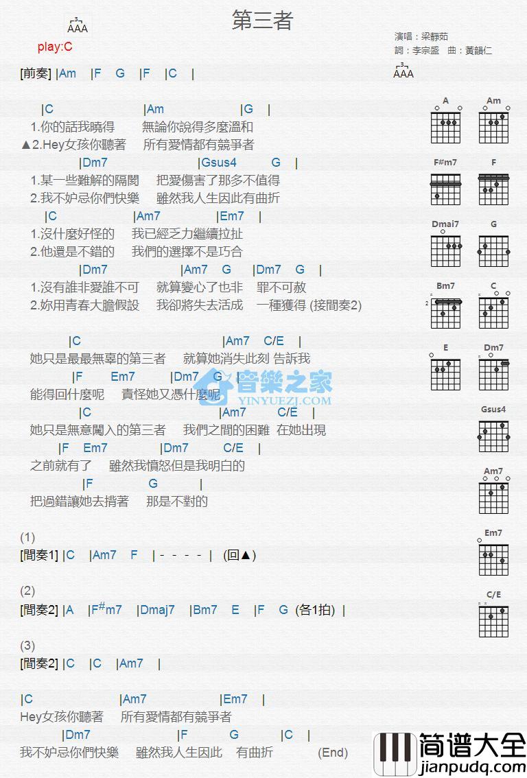 第三者吉他谱_C调版_梁静茹