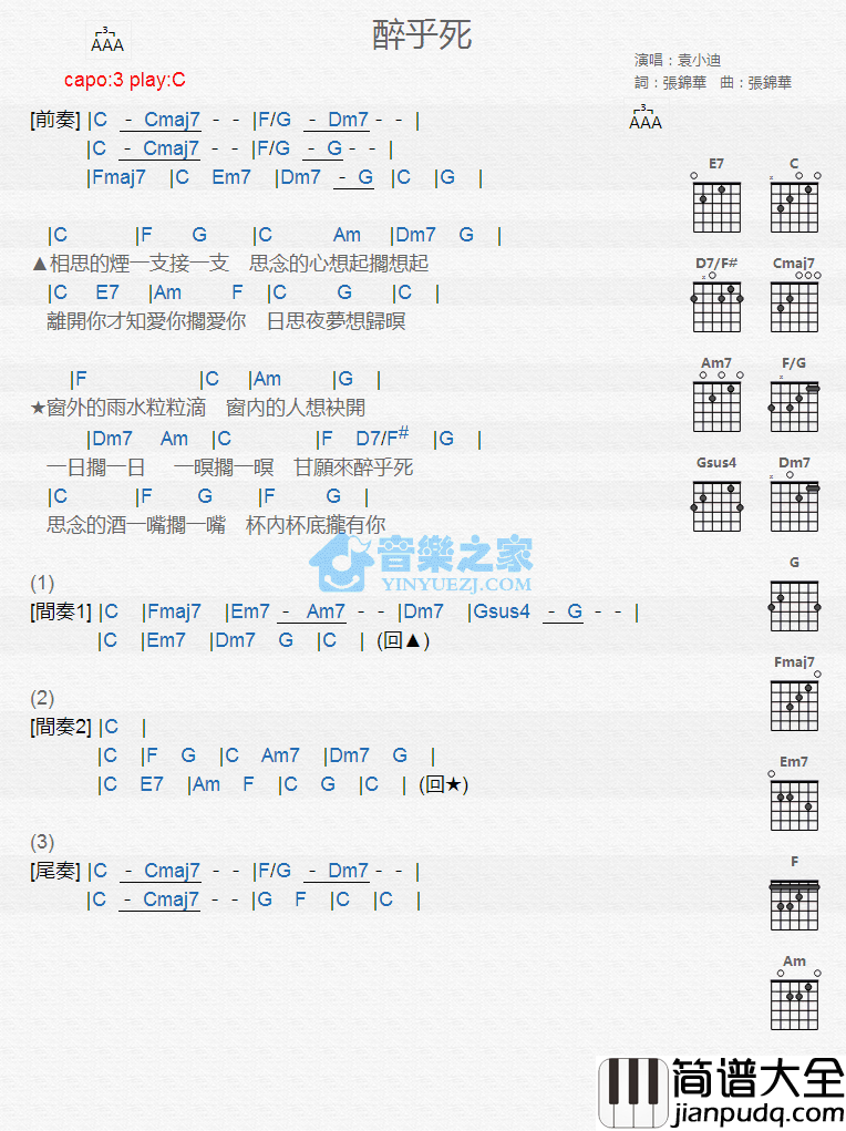 醉乎死吉他谱_C调版_袁小迪