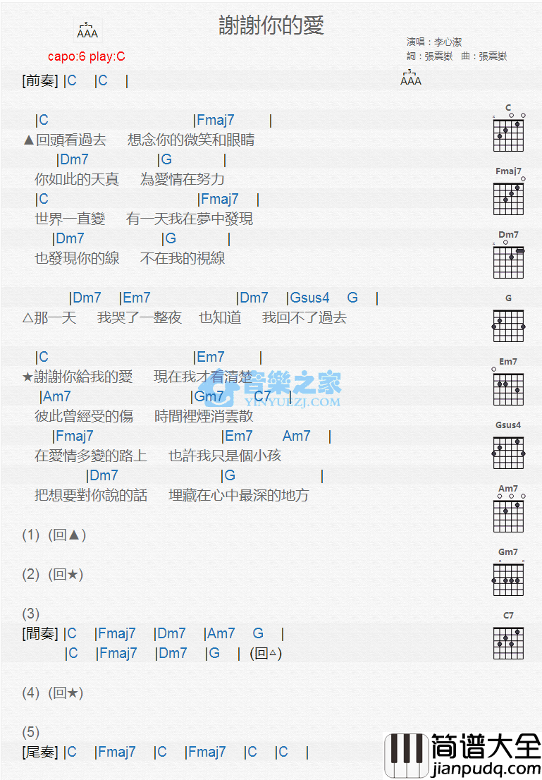谢谢你的爱吉他谱_C调版_李心洁