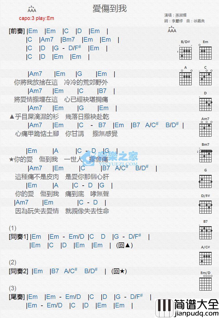 爱伤到我吉他谱_Em调版_孙淑媚