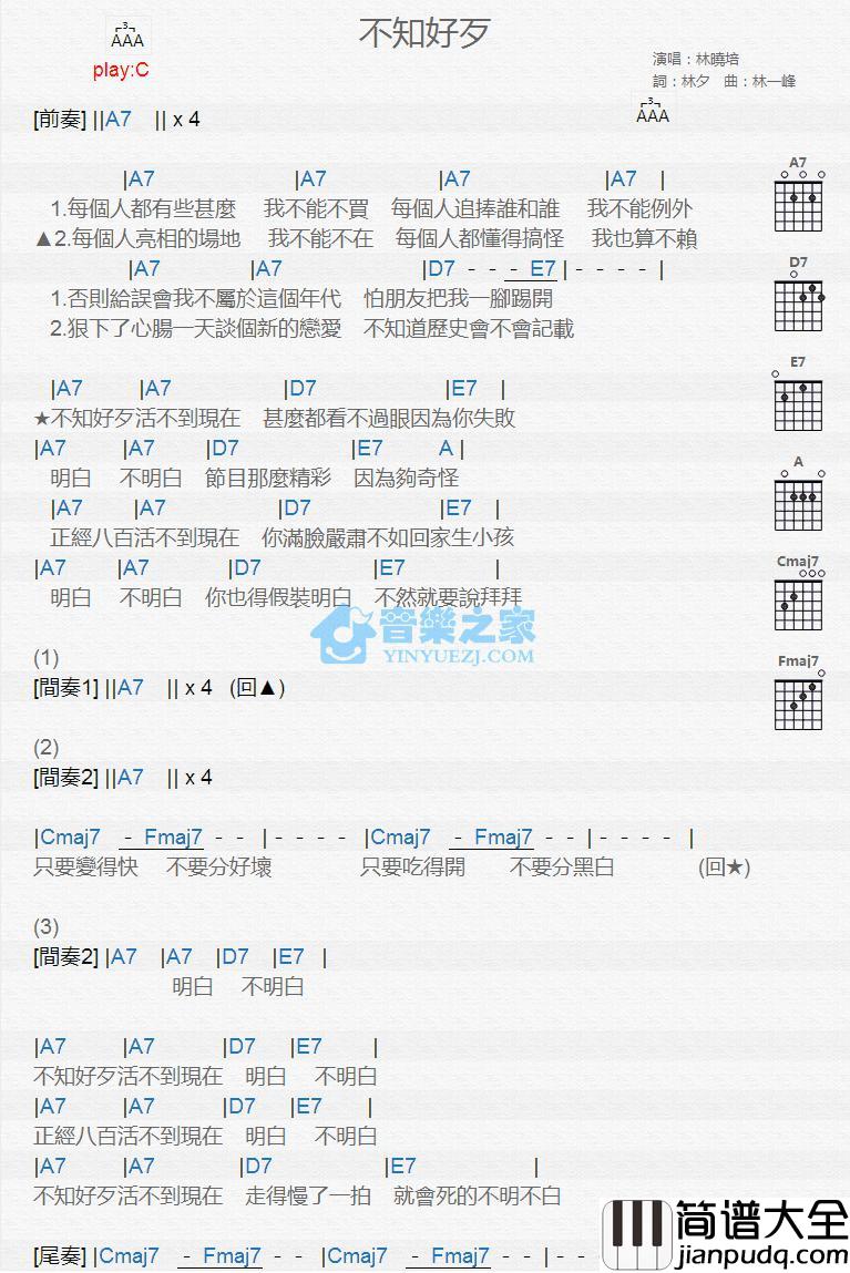 不知好歹吉他和弦弹唱谱_C调版_林晓培
