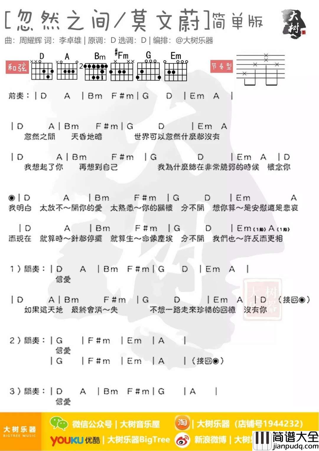 忽然之间_D调吉他谱_莫文蔚