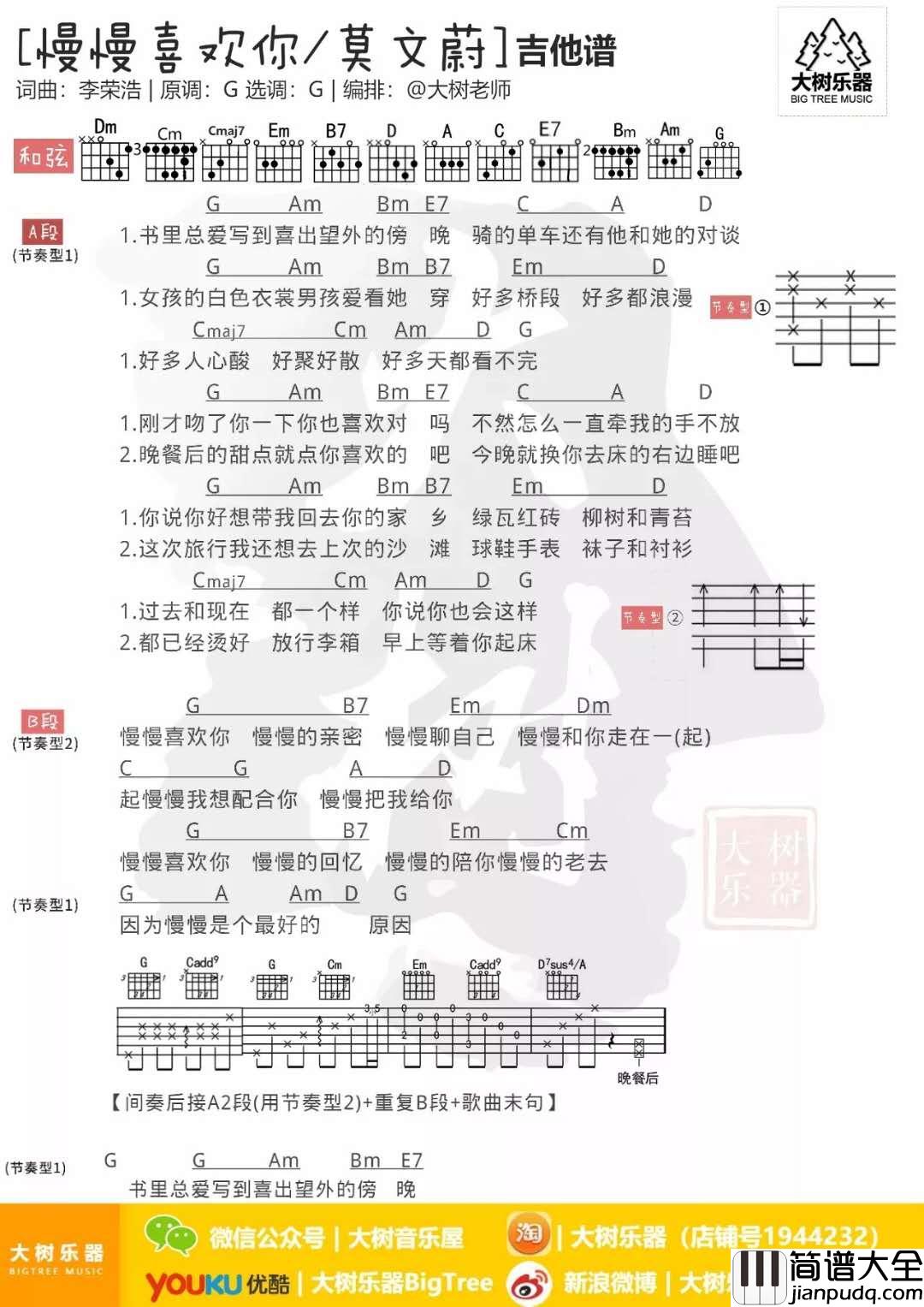 慢慢喜欢你吉他谱莫文蔚G调扫弦版