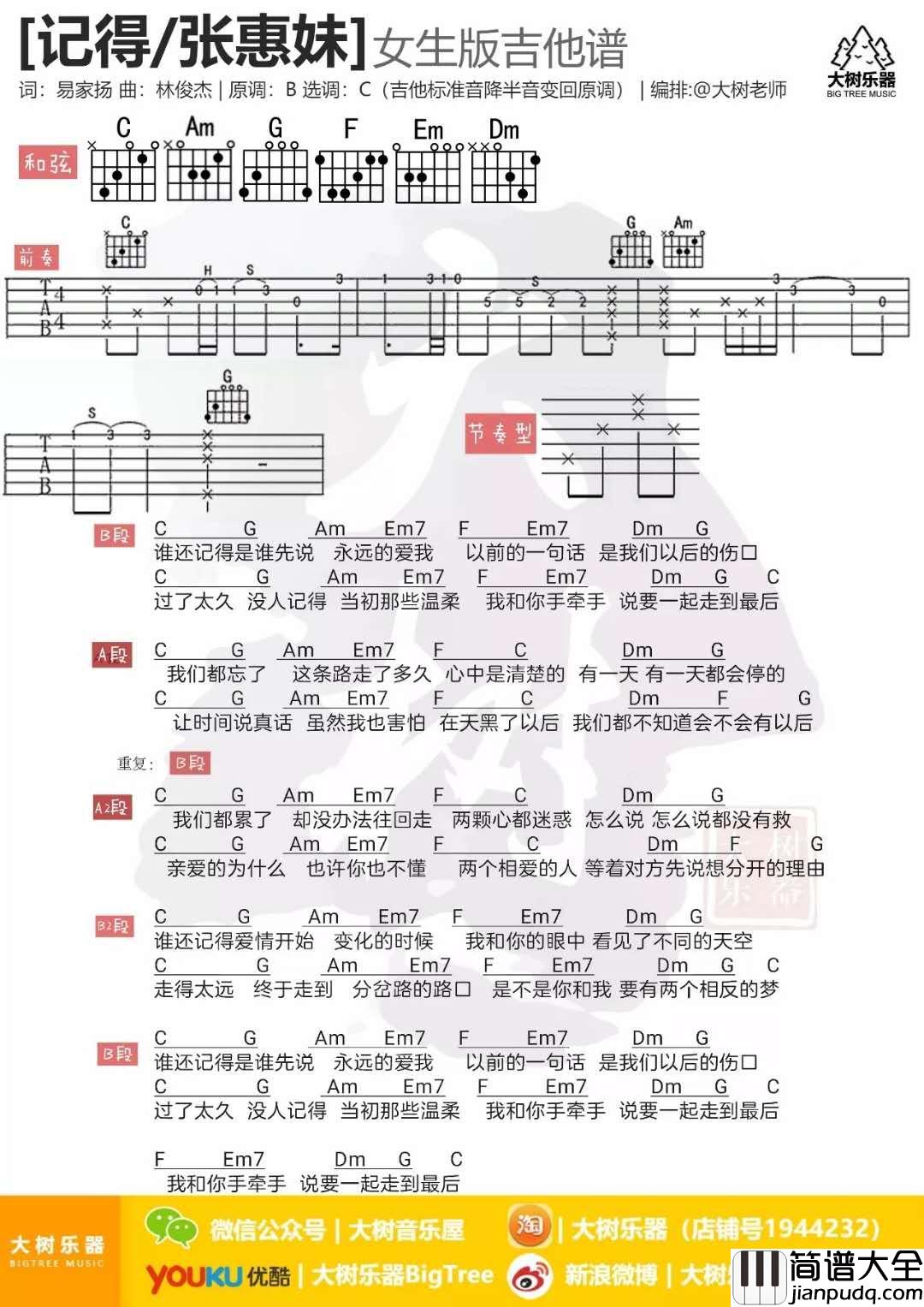 记得_C调吉他谱_张惠妹