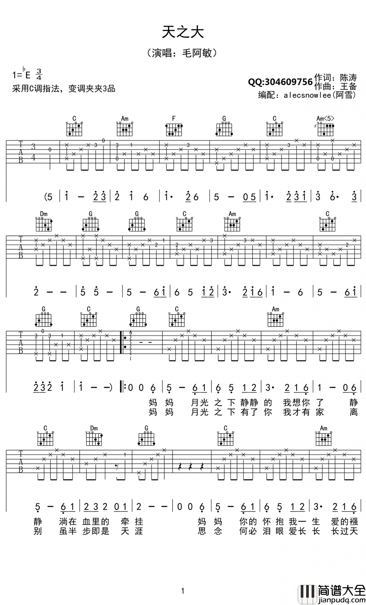 天之大吉他谱_C调_弹唱谱_毛阿敏