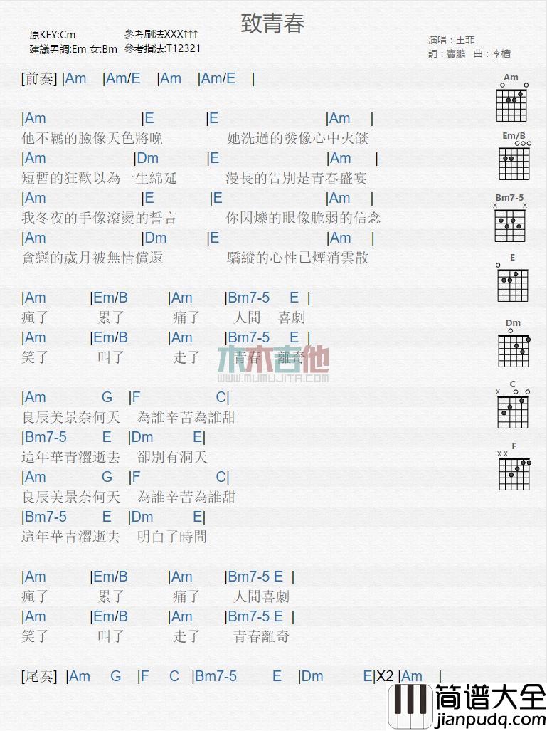 致青春_吉他谱_王菲