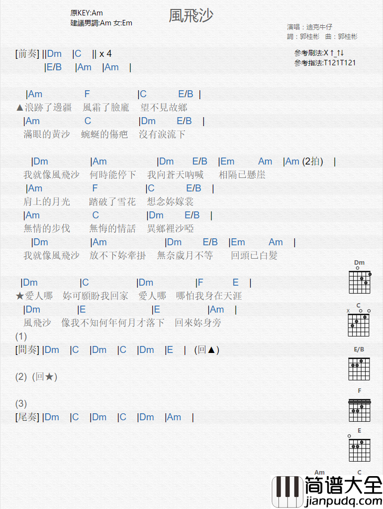 风飞沙_吉他谱_迪克牛仔