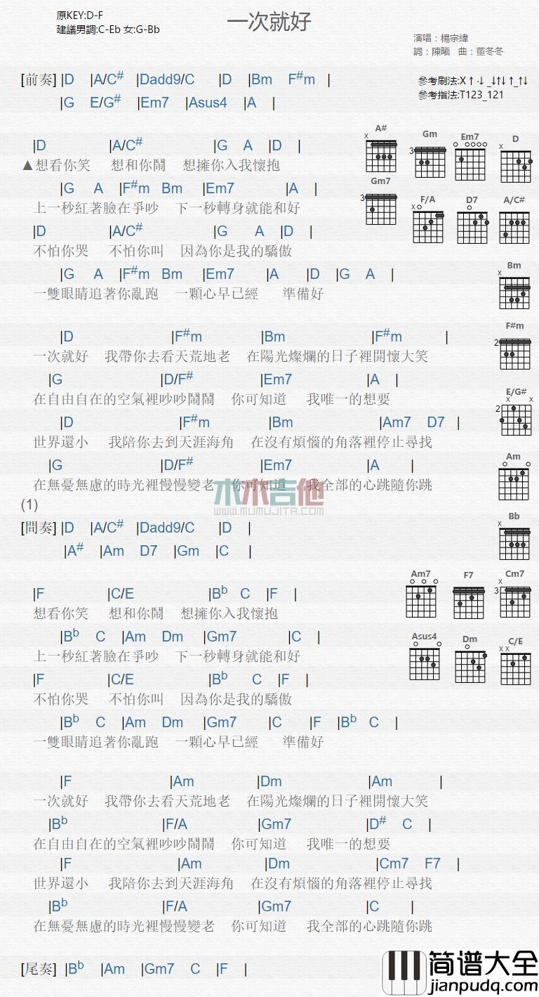 一次就好图片吉他谱降F调歌手杨宗纬