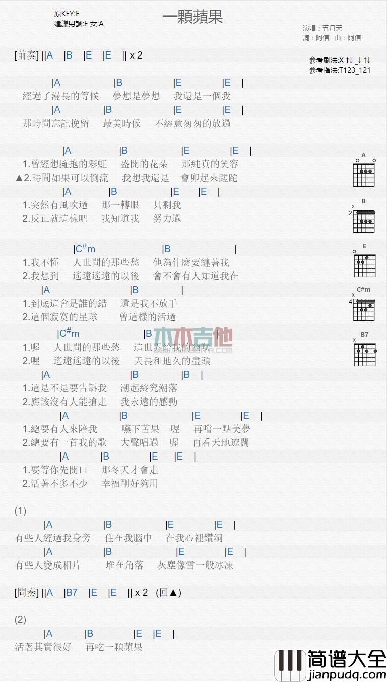 一颗苹果_吉他谱_五月天