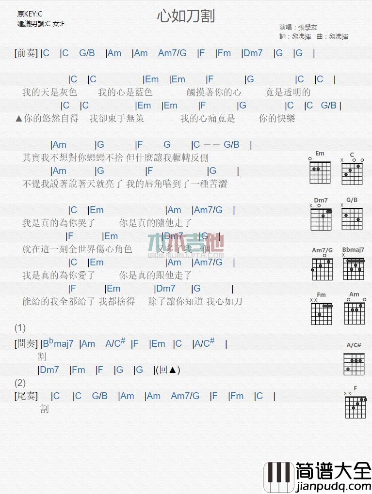 心如刀割_吉他谱_张学友