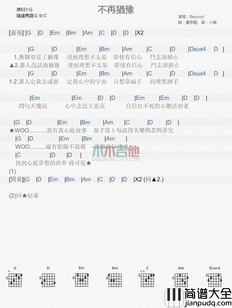 不再犹豫_吉他谱_Beyond