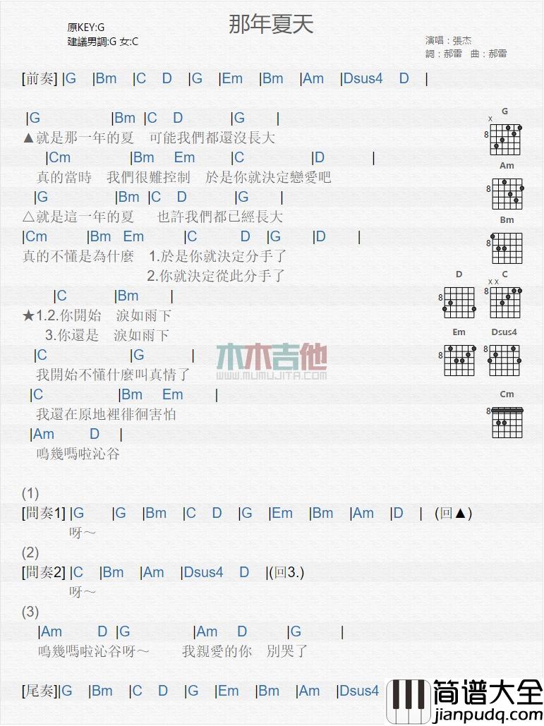 那年夏天_吉他谱_张杰