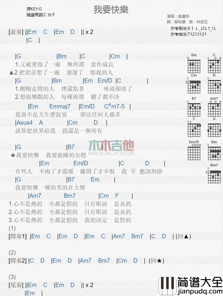 我要快乐_吉他谱_张惠妹