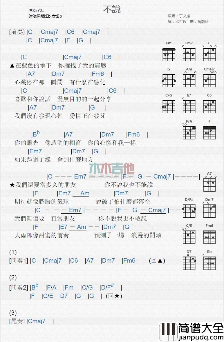 不说_吉他谱_丁文琪