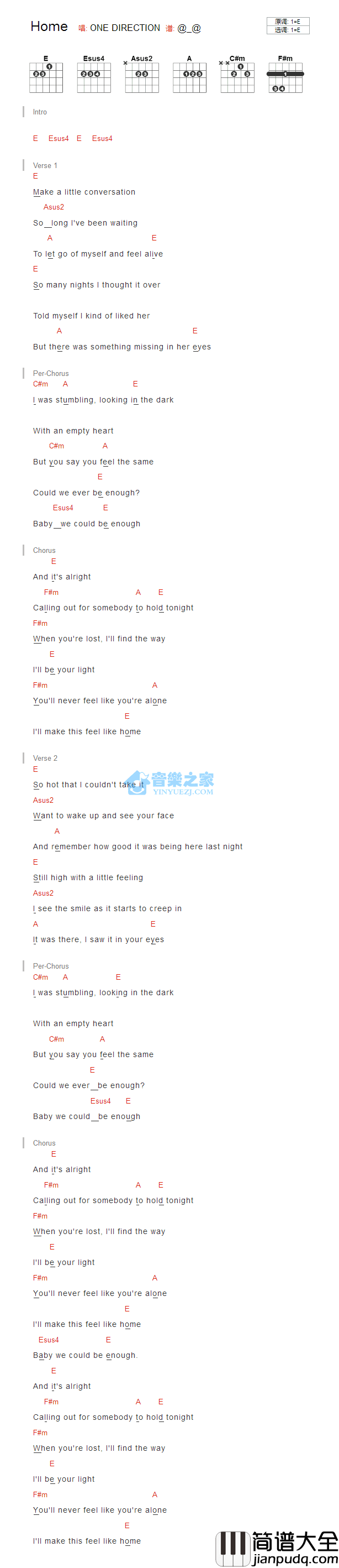 Home吉他谱_E调版_One_Direction