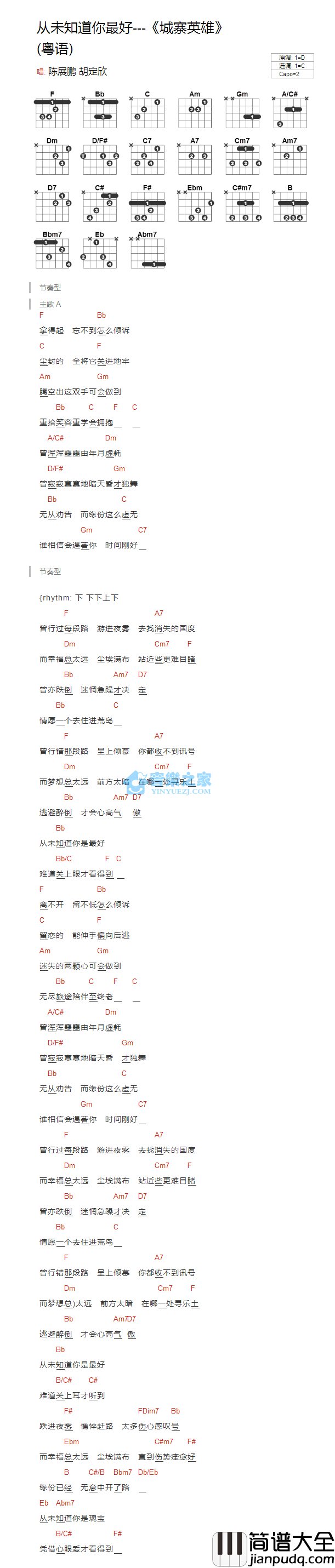 从未知道你最好吉他谱_C调粤语版_陈展鹏/胡定欣